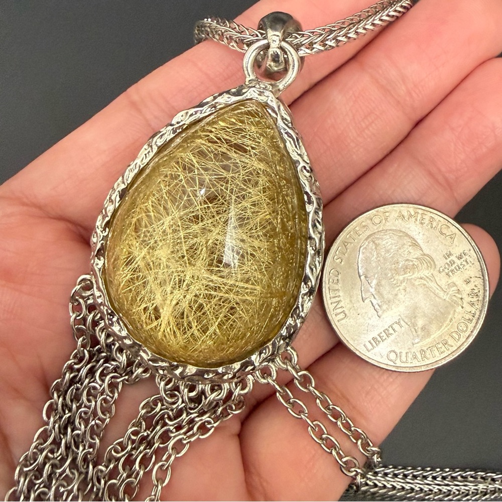 Stainless Steel Golden Rutilated Quartz Teardrop Fringe Pendant 29” Necklace - Picture 13 of 14